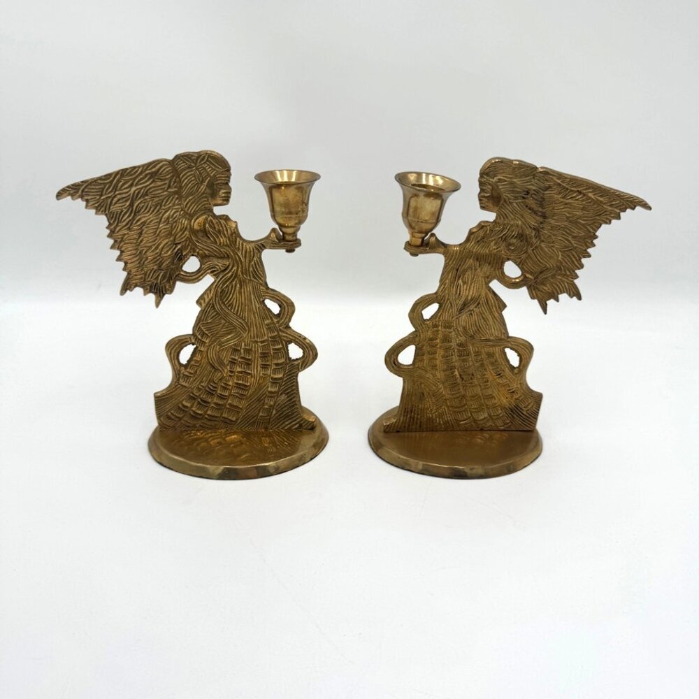 VTG 1995 Solid Brass Hosley Angel Candle Holder. Made in India Set of 2 Holiday